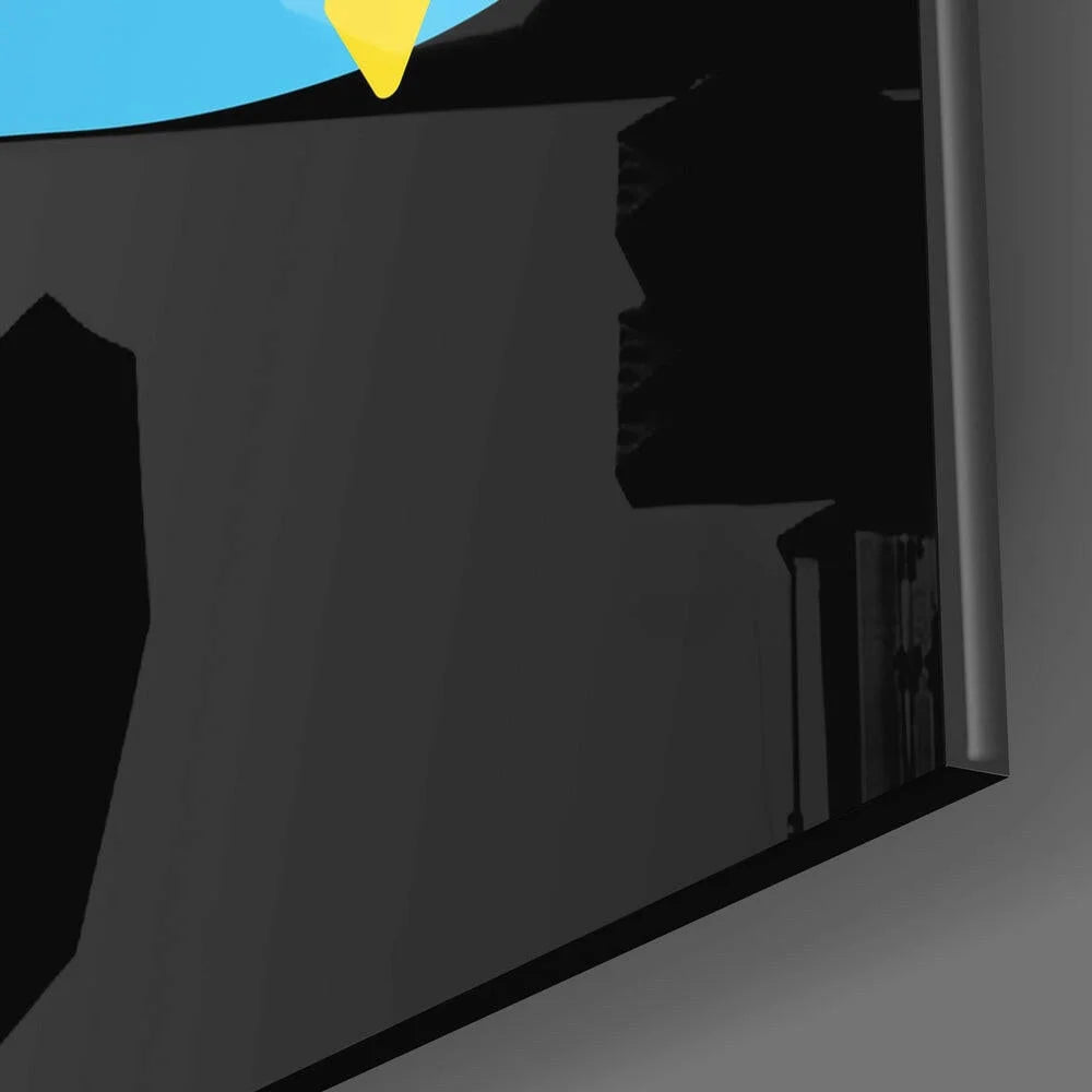 Black glossy flat-screen TV on silver stand in Golden Cloud glass wall art