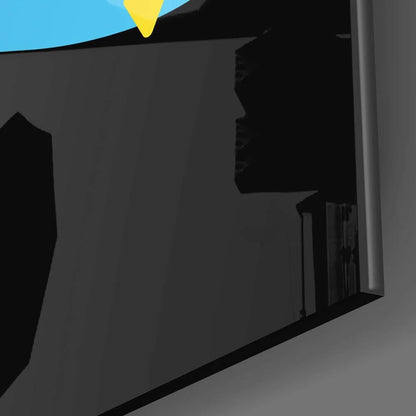 Black glossy flat-screen TV on silver stand in Golden Cloud glass wall art