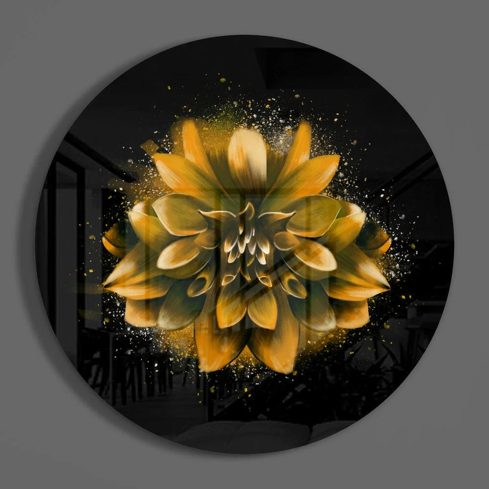 Golden Dahlia tempered glass art with sparkling gold accents on black