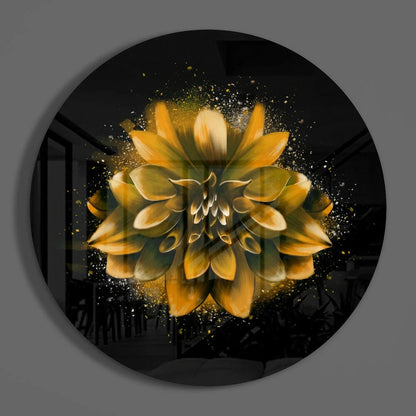 Golden Dahlia tempered glass art with sparkling gold accents on black