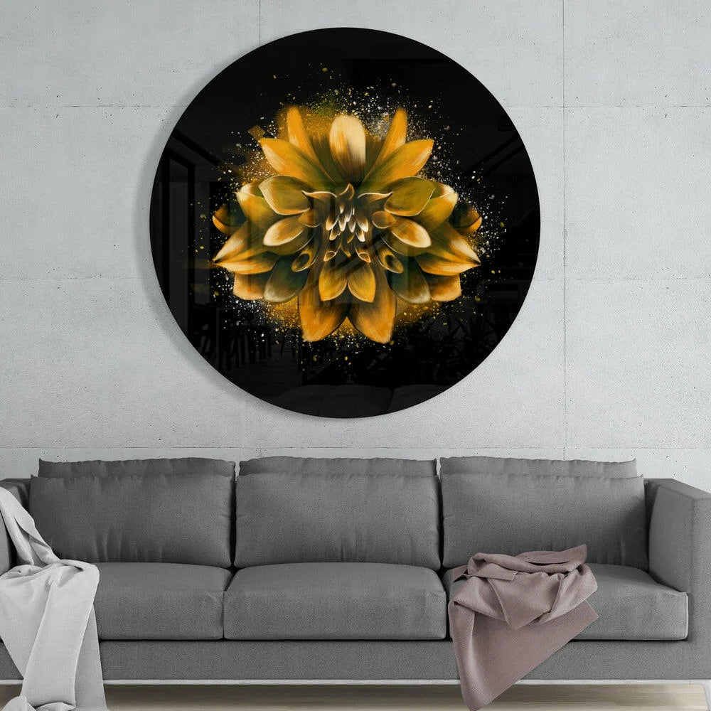 Golden Dahlia tempered glass art with sparkling accents on black background