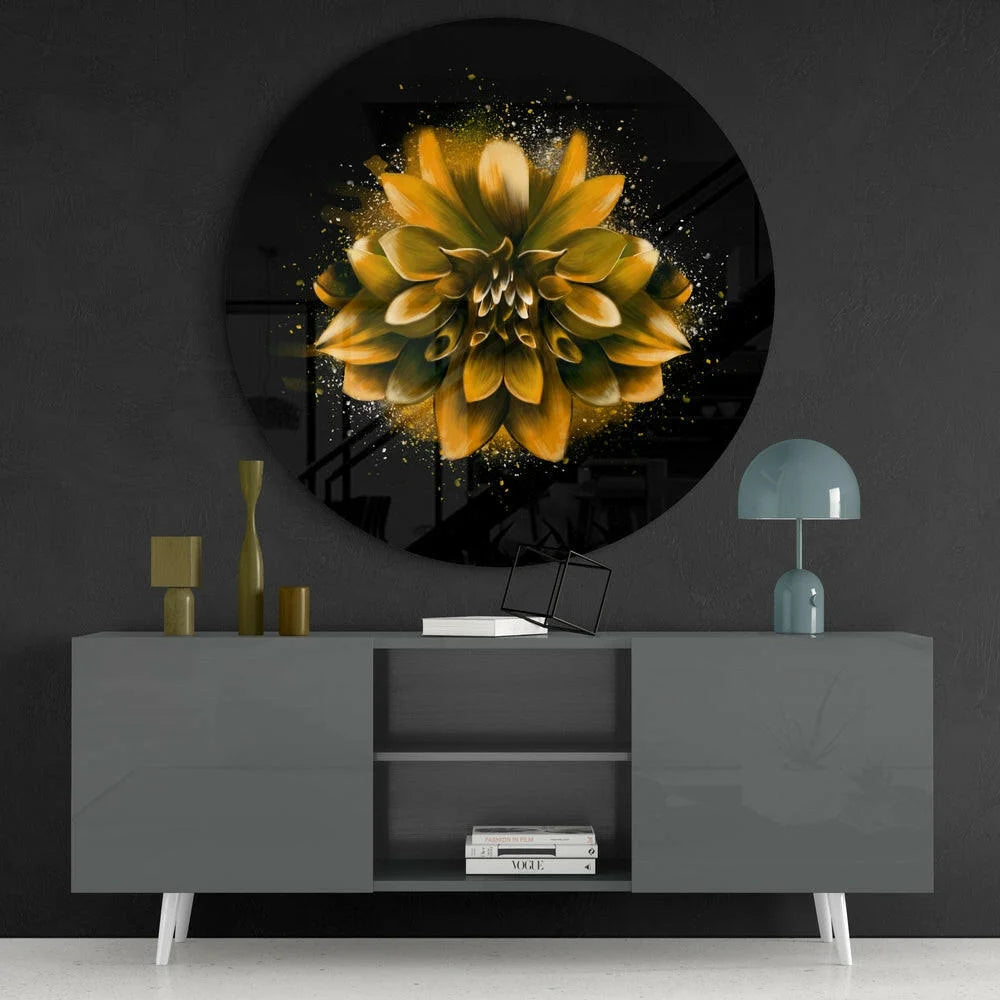 Glossy black tempered glass art of golden-yellow dahlia with sparkling accents