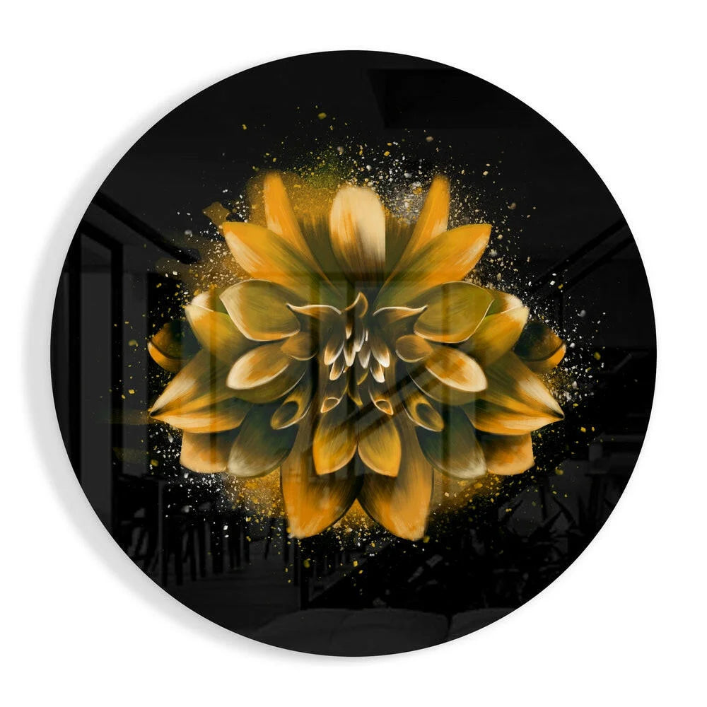 Vibrant golden dahlia glass art with sparkling accents on tempered glass
