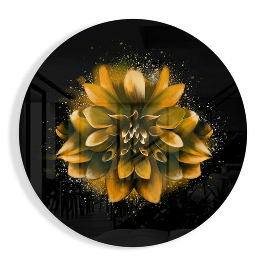 Vibrant golden dahlia glass art with sparkling accents on tempered glass