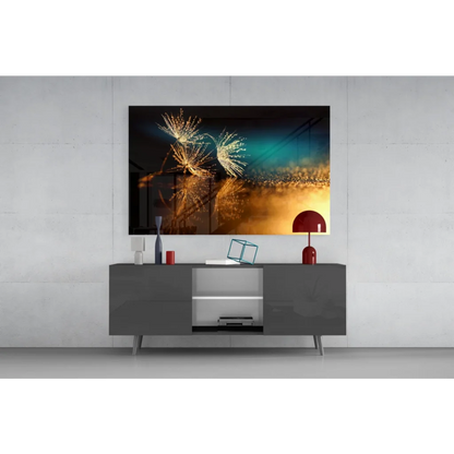 Modern gray console table with glossy minimalist design and Golden Dandelion wall art