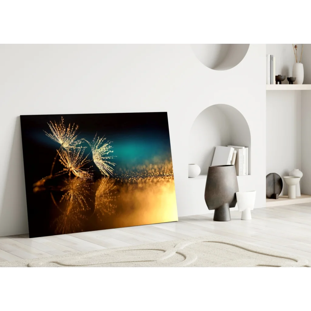 Golden dandelion wall art canvas print with glowing teal reflections
