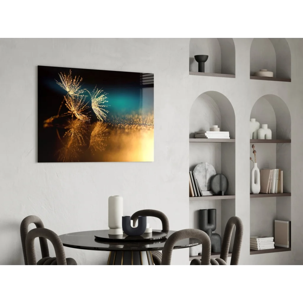 Vibrant golden dandelion wall art canvas with glowing teal reflections