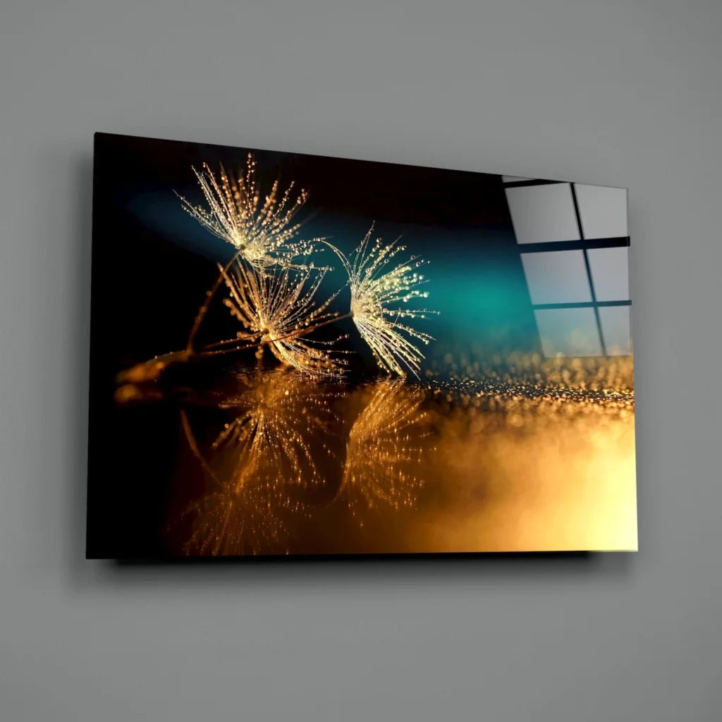 Golden Dandelion Canvas Wall Art with Glowing Teal Reflections