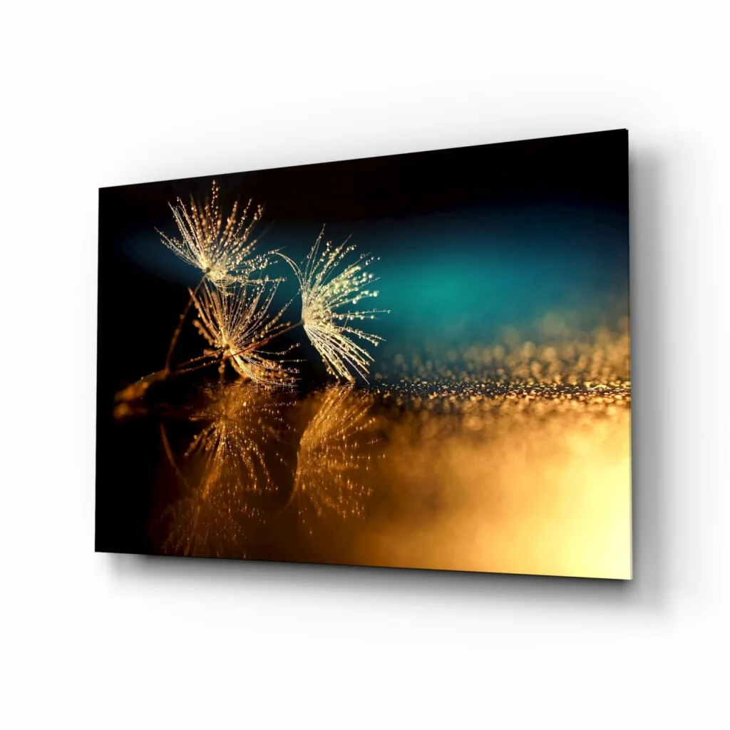 Glowing golden dandelion canvas wall art with teal reflections