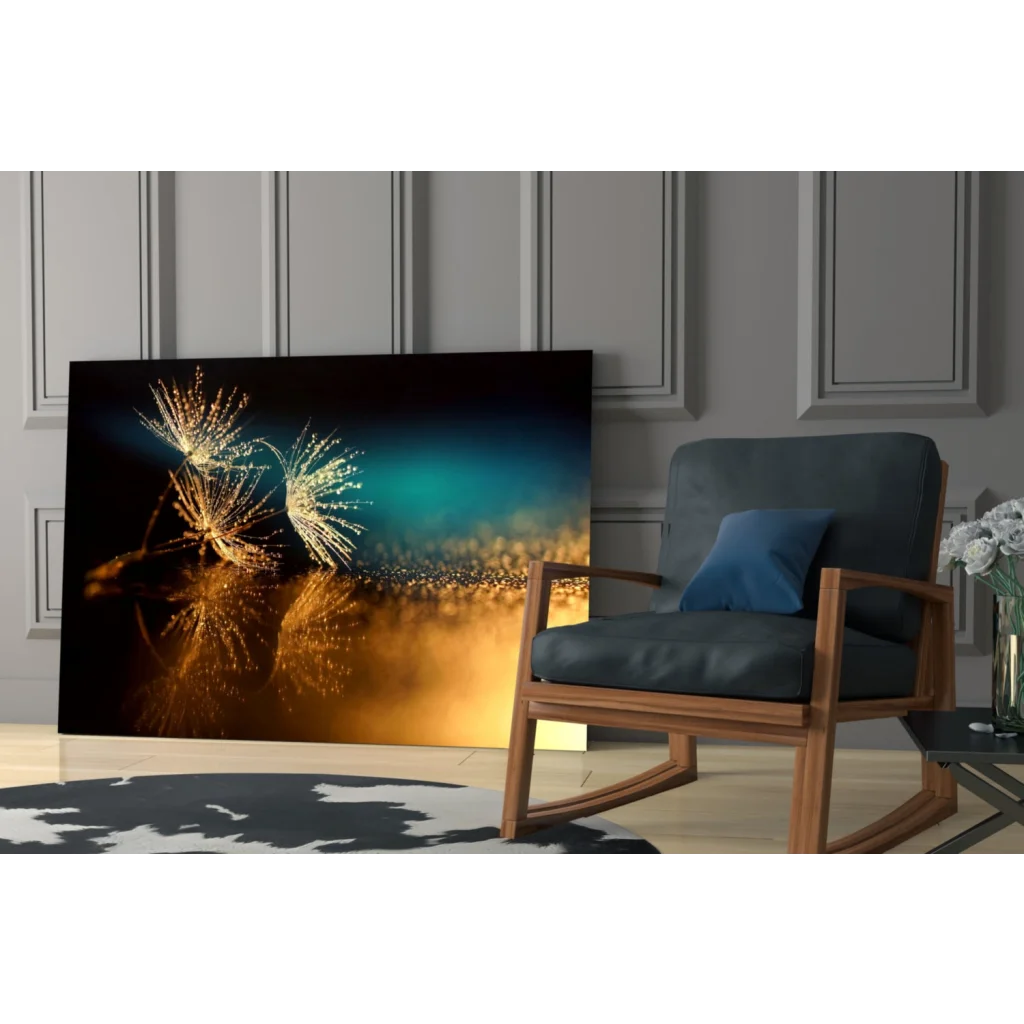 Vibrant golden fireworks canvas wall art with teal reflections