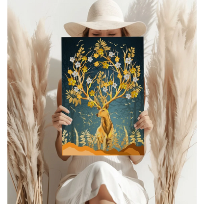 Golden floral deer insigne aluminum print on teal background