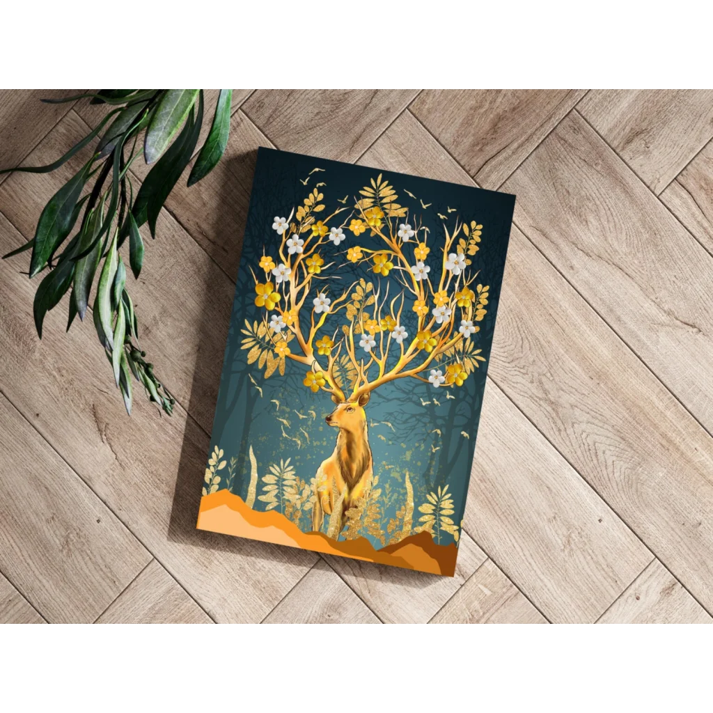 Golden floral deer insigne aluminum print on teal background