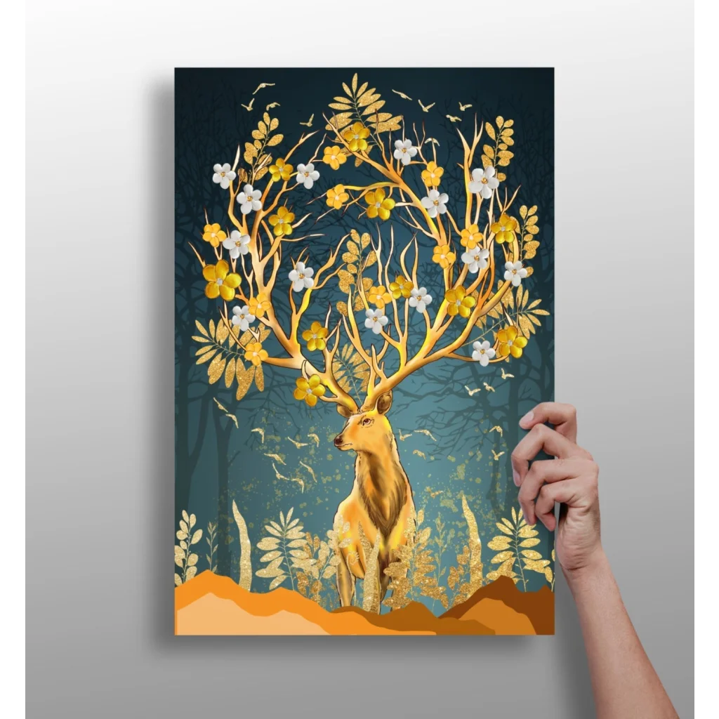 Golden floral deer insigne aluminum print on teal background