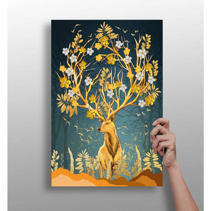 Golden floral deer insigne aluminum print on teal background