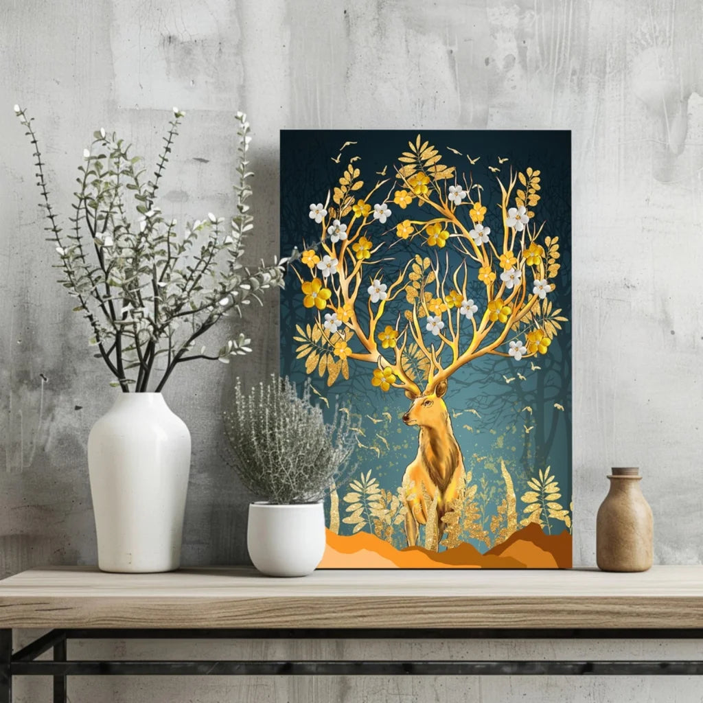 Golden floral deer insigne aluminum print with teal background