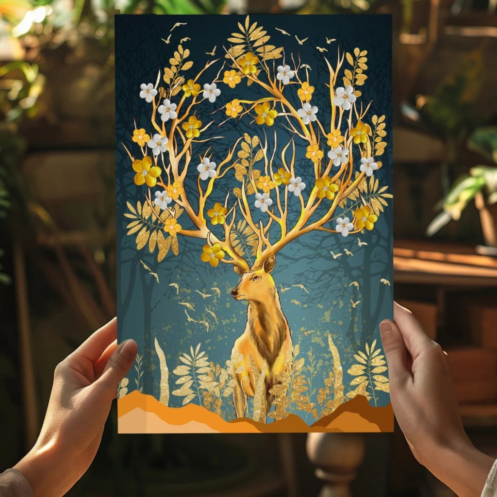 Golden floral deer insigne aluminum print with teal background