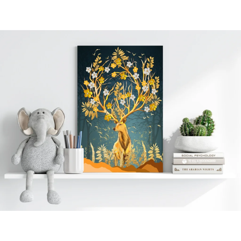 Golden floral deer insigne aluminum print on teal background
