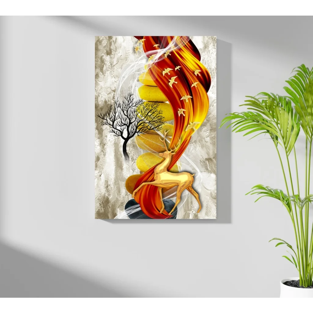 Golden Deer in Flames abstract aluminum wall art