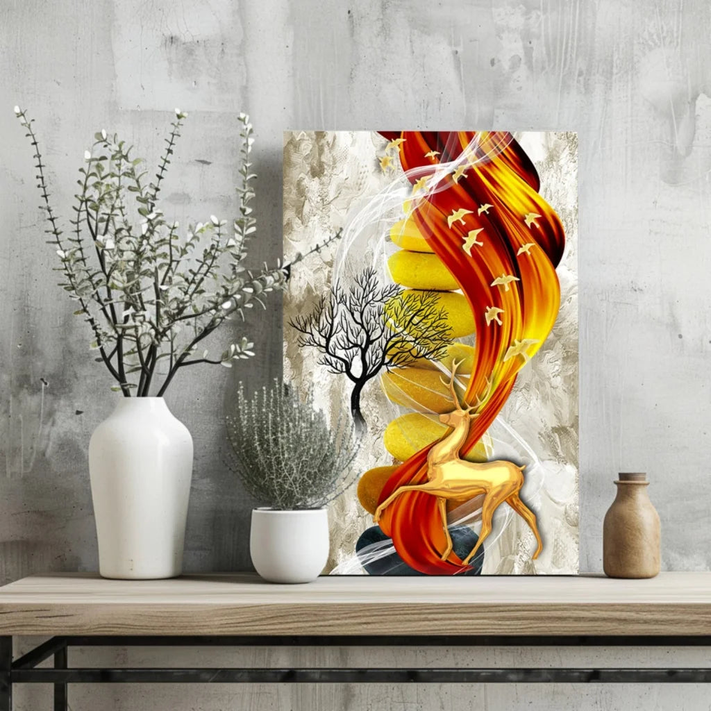 Golden Deer in Flames abstract aluminum wall art with birds