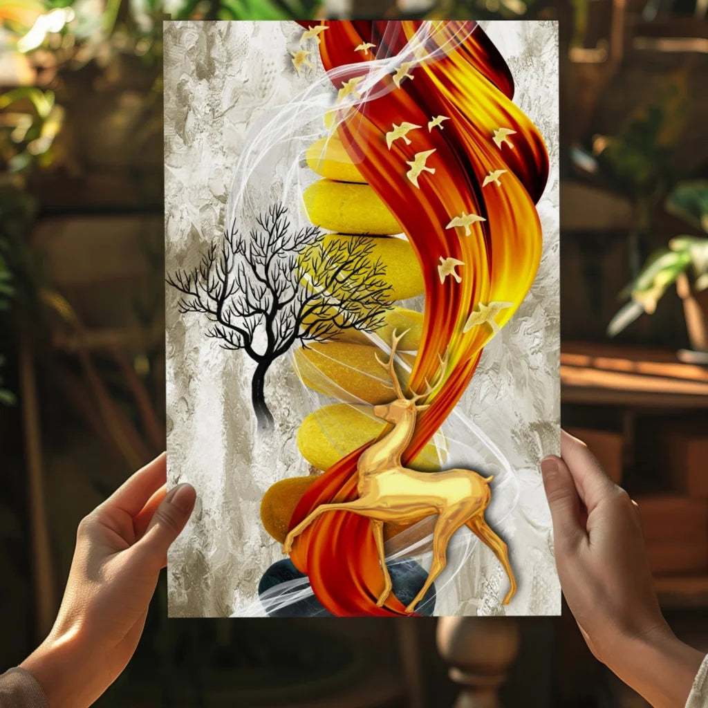 Golden Deer in Flames abstract aluminum wall art print