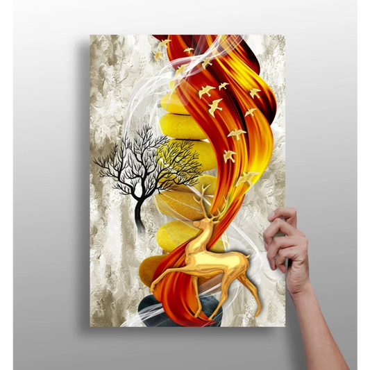 Vibrant golden deer in flames abstract aluminum wall art