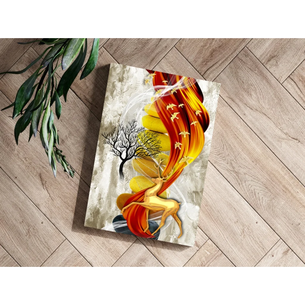 Golden Deer in Flames abstract aluminum wall art with swirling orange flames
