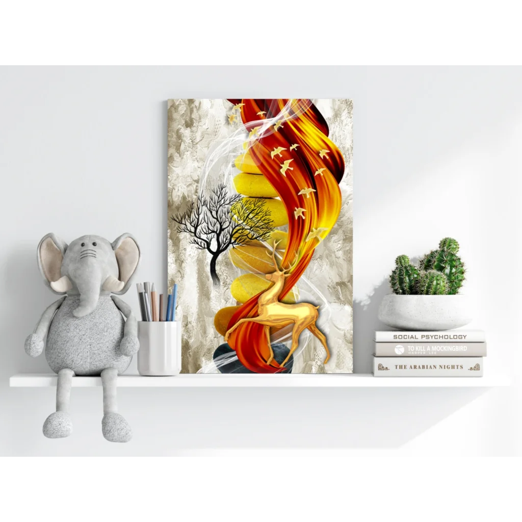 Vibrant Golden Deer in Flames abstract aluminum wall art
