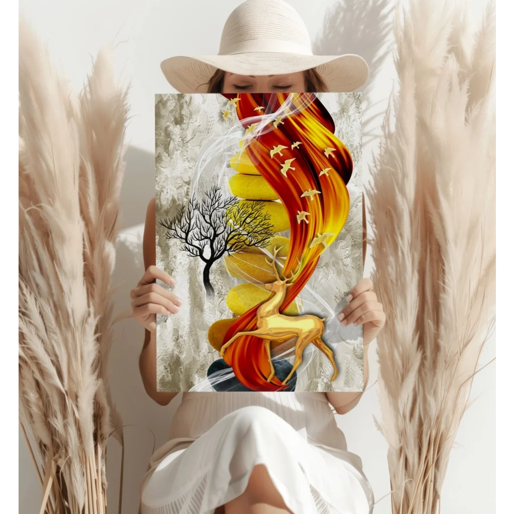 Golden Deer in Flames Abstract Aluminum Wall Art