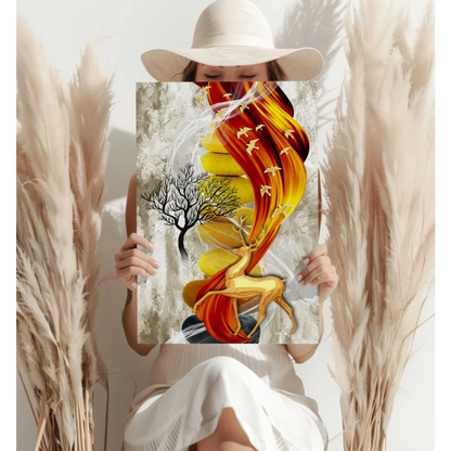 Golden Deer in Flames Abstract Aluminum Wall Art