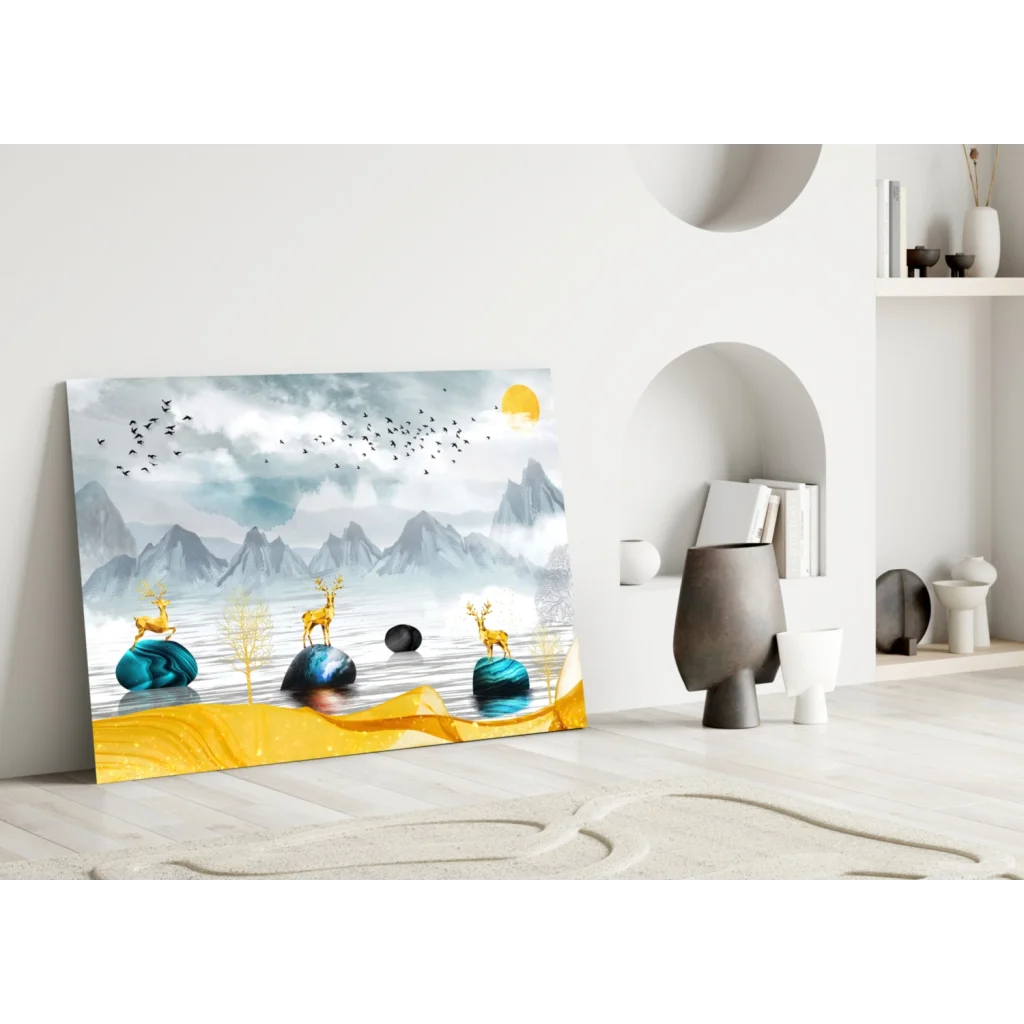 Serene misty mountains canvas wall art with golden deer and birds