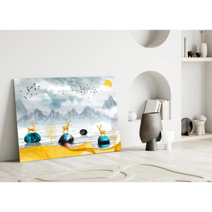 Serene misty mountains canvas wall art with golden deer and birds