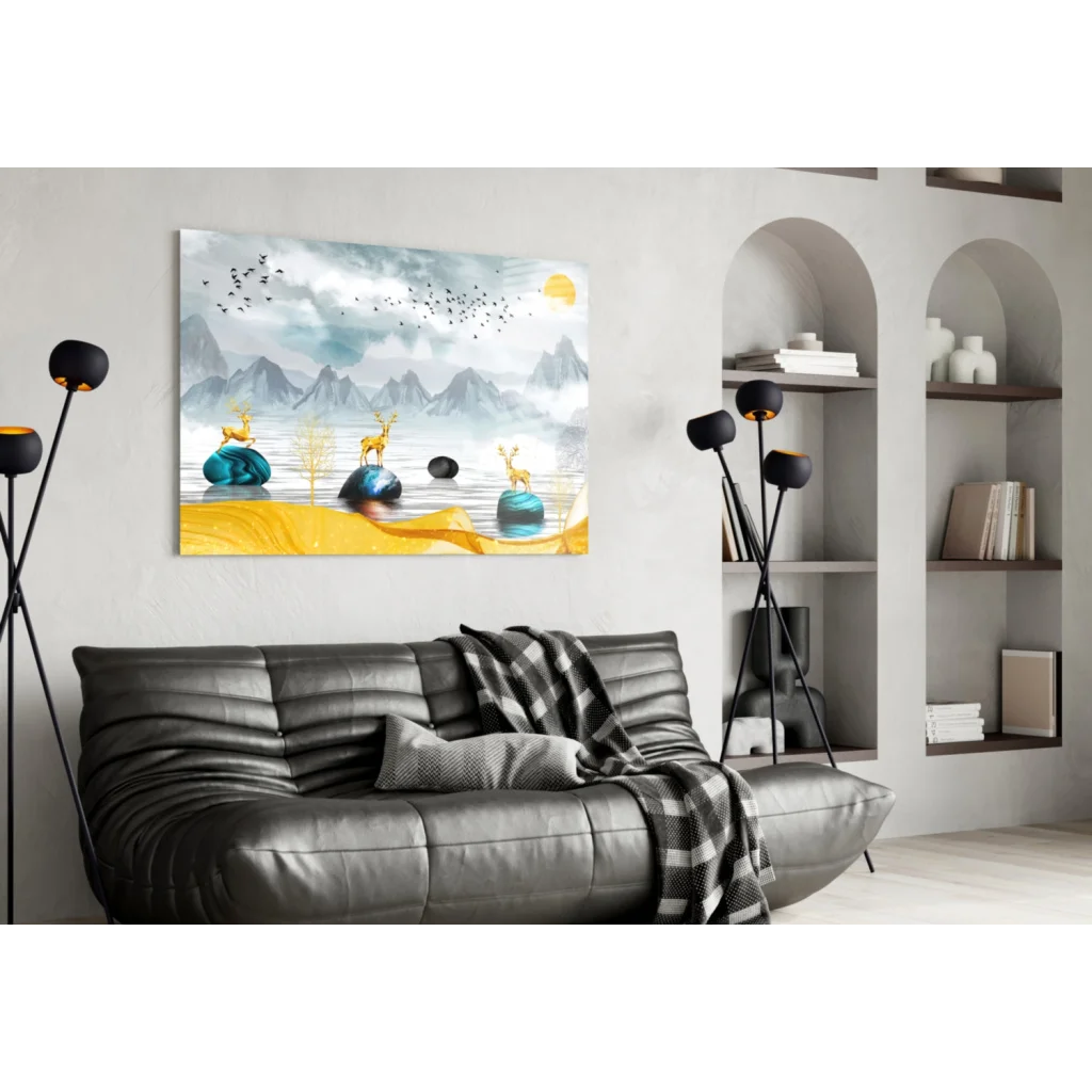 Golden Deer Misty Mountains wall art canvas print with misty peaks