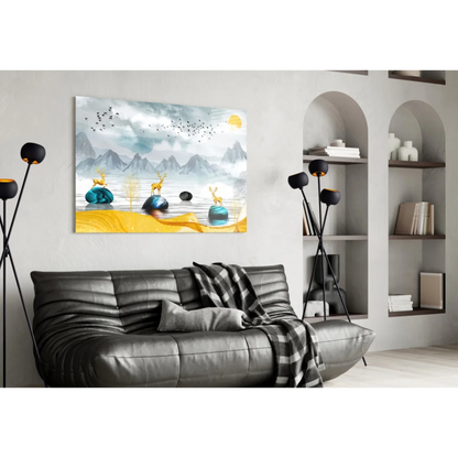 Golden Deer Misty Mountains wall art canvas print with misty peaks