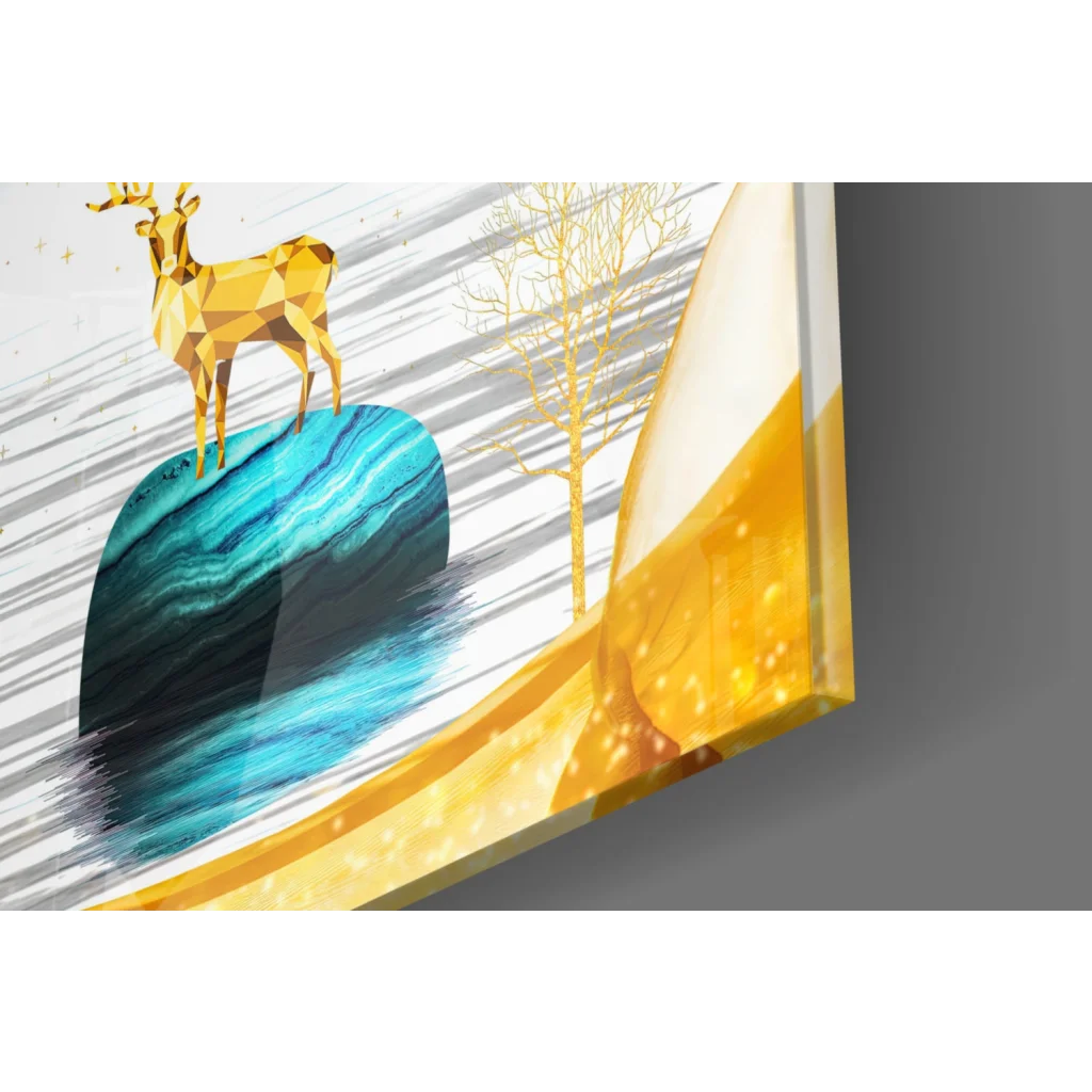 Golden Deer on Teal Black Rock Wall Art Print