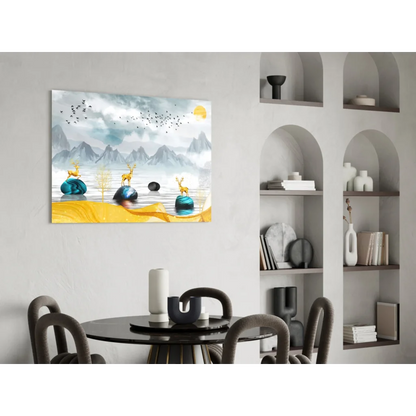 Serene misty mountains with golden deer wall art canvas print