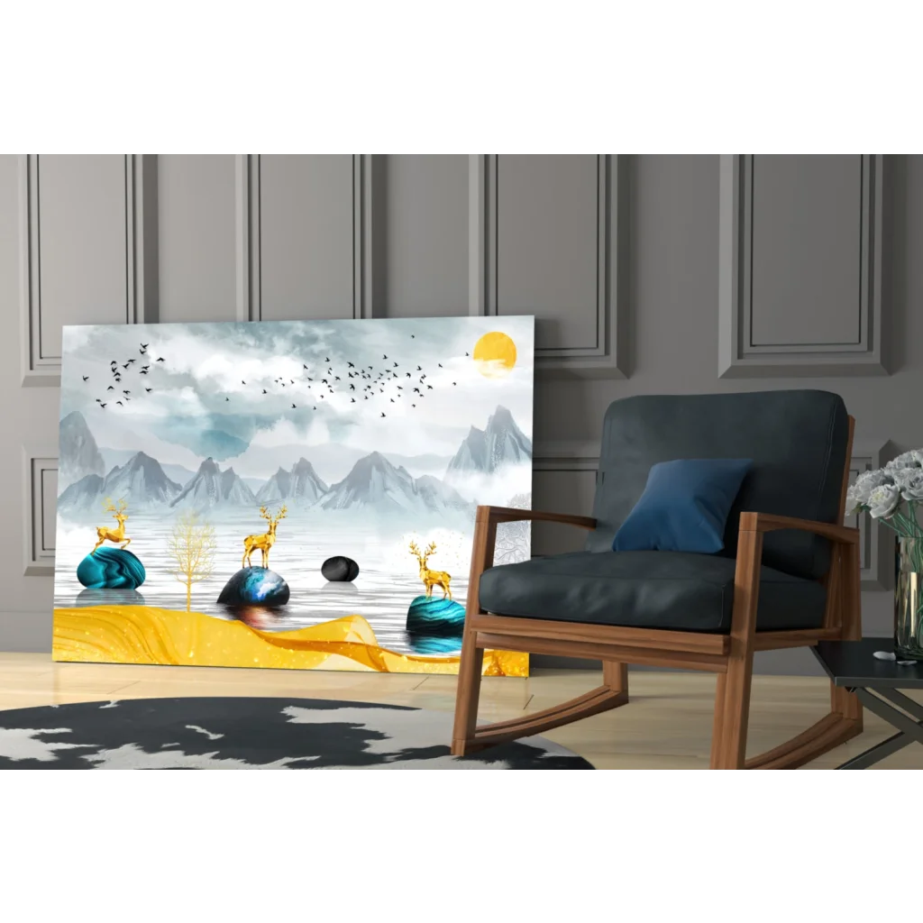 Serene golden deer on misty mountain peaks wall art canvas print