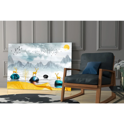 Serene golden deer on misty mountain peaks wall art canvas print