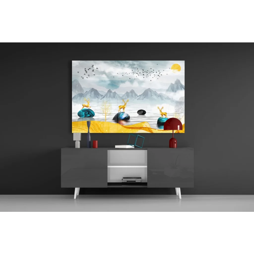 Golden Deer Misty Mountains canvas wall art print