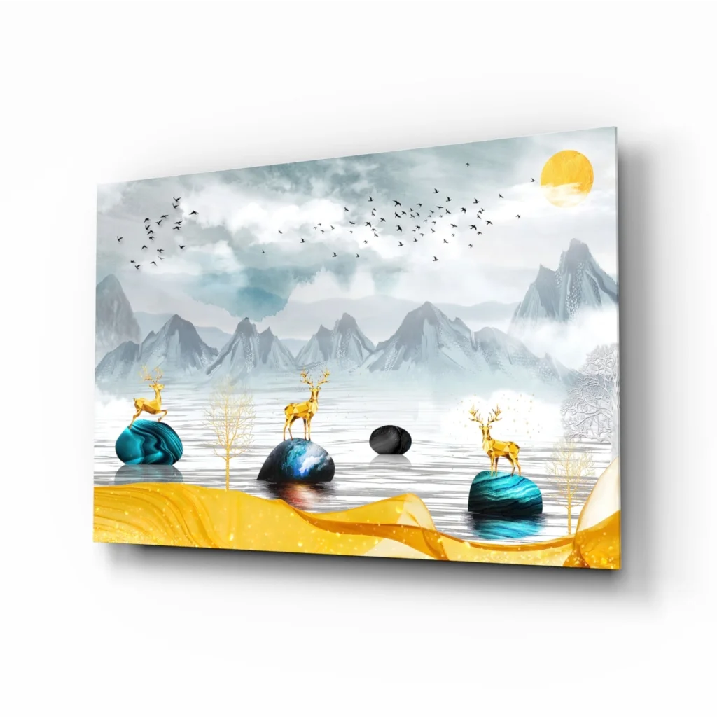 Golden Deer Misty Mountains canvas wall art print