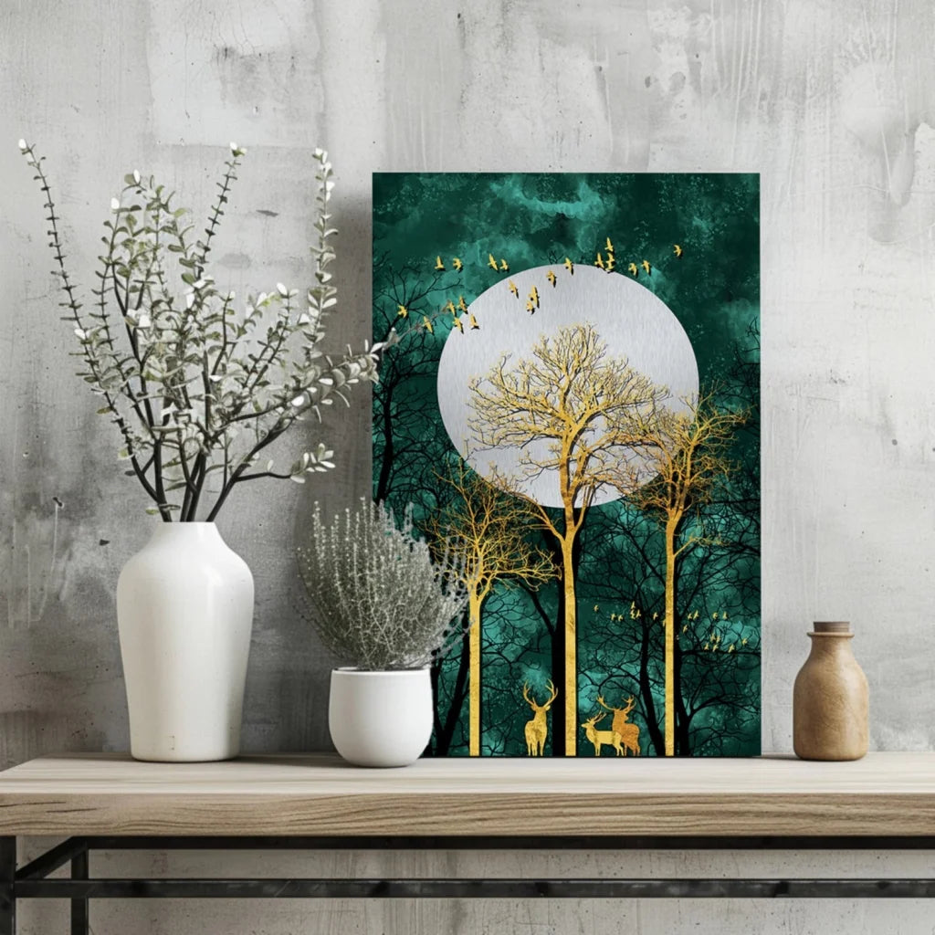 Golden Forest Deer Insigne Aluminum Prints with Teal Moon | Glass Wall Art Print | vintageantiquesgifts.com