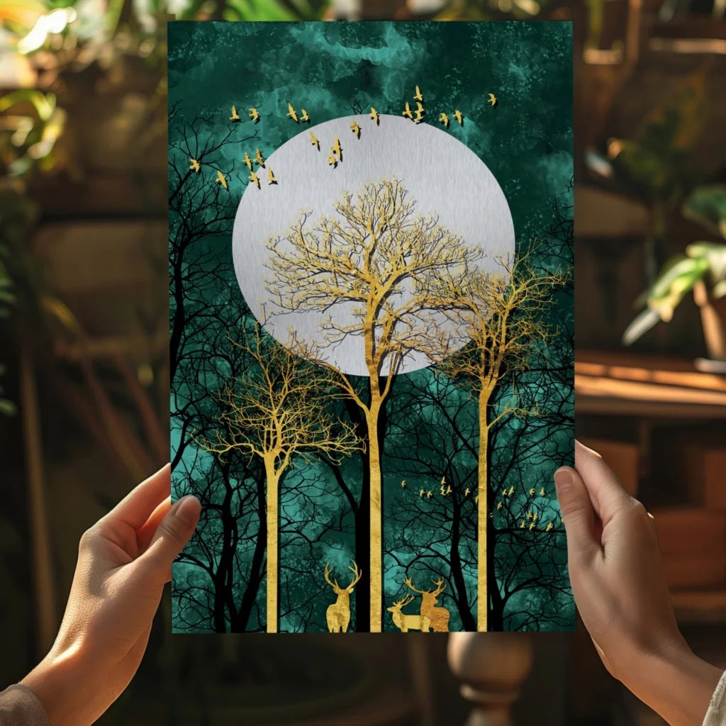 Golden Forest Deer Insigne Aluminum Prints with Teal Moon