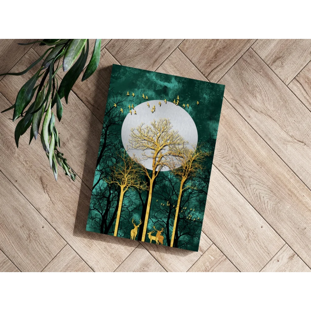 Golden Forest Deer Insigne Aluminum Prints with Teal Moon | Modern Wall Art Decor | vintageantiquesgifts.com
