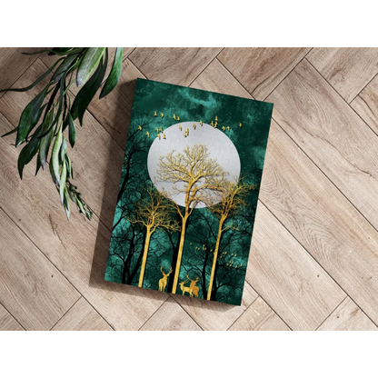 Golden Forest Deer Insigne Aluminum Prints with Teal Moon | Modern Wall Art Decor | vintageantiquesgifts.com