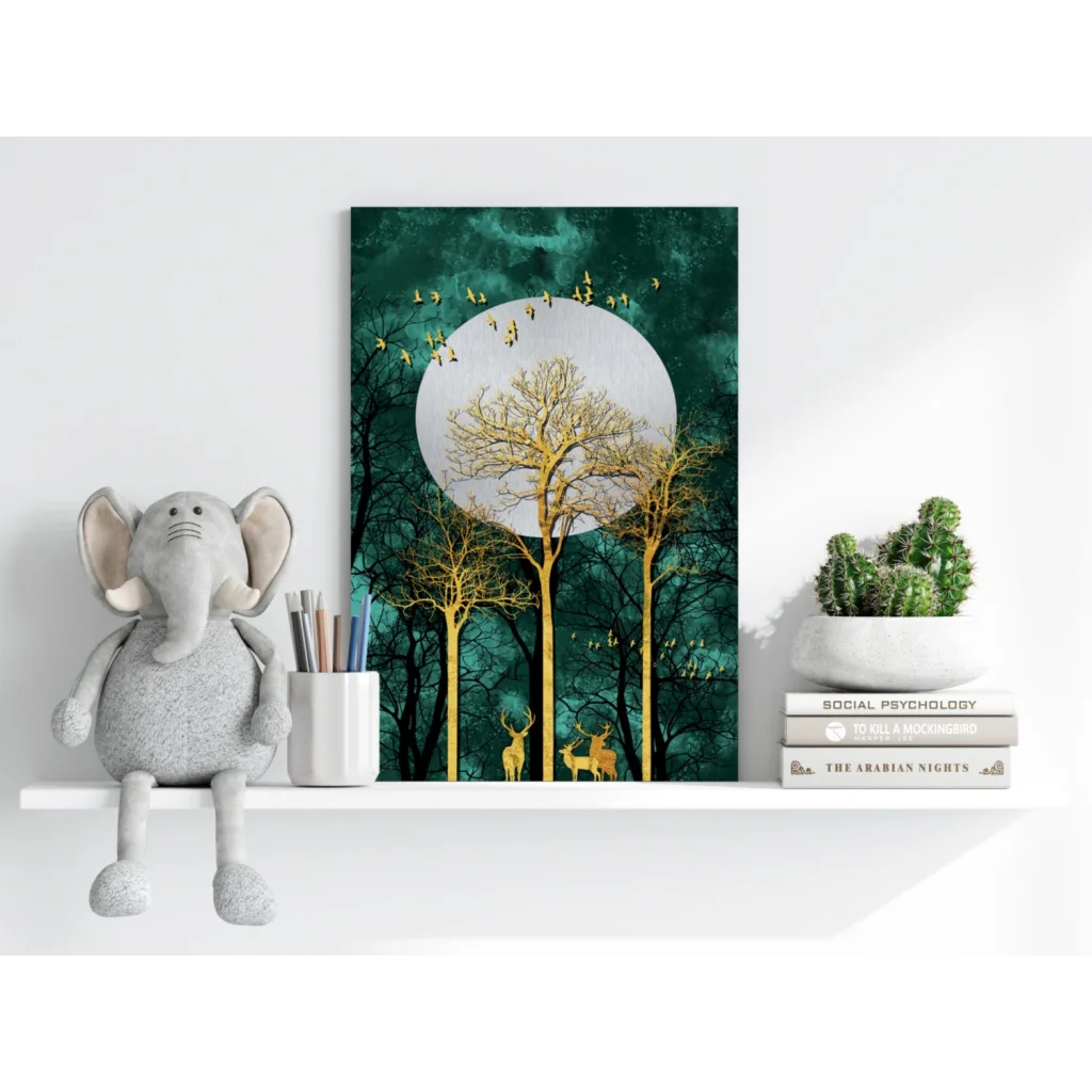 Golden Forest Deer Insigne Aluminum Prints with Teal Moon Scene