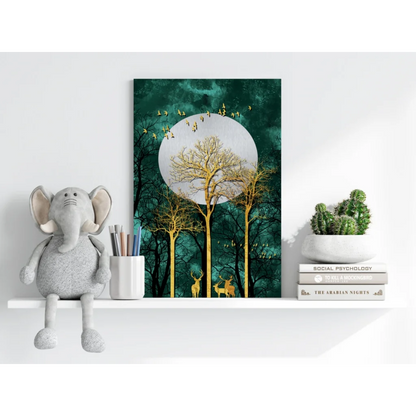 Golden Forest Deer Insigne Aluminum Prints with Teal Moon Scene