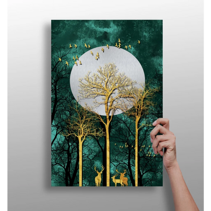 Golden Forest Deer Insigne Aluminum Prints with Teal Moon | Insigneart USA | vintageantiquesgifts.com