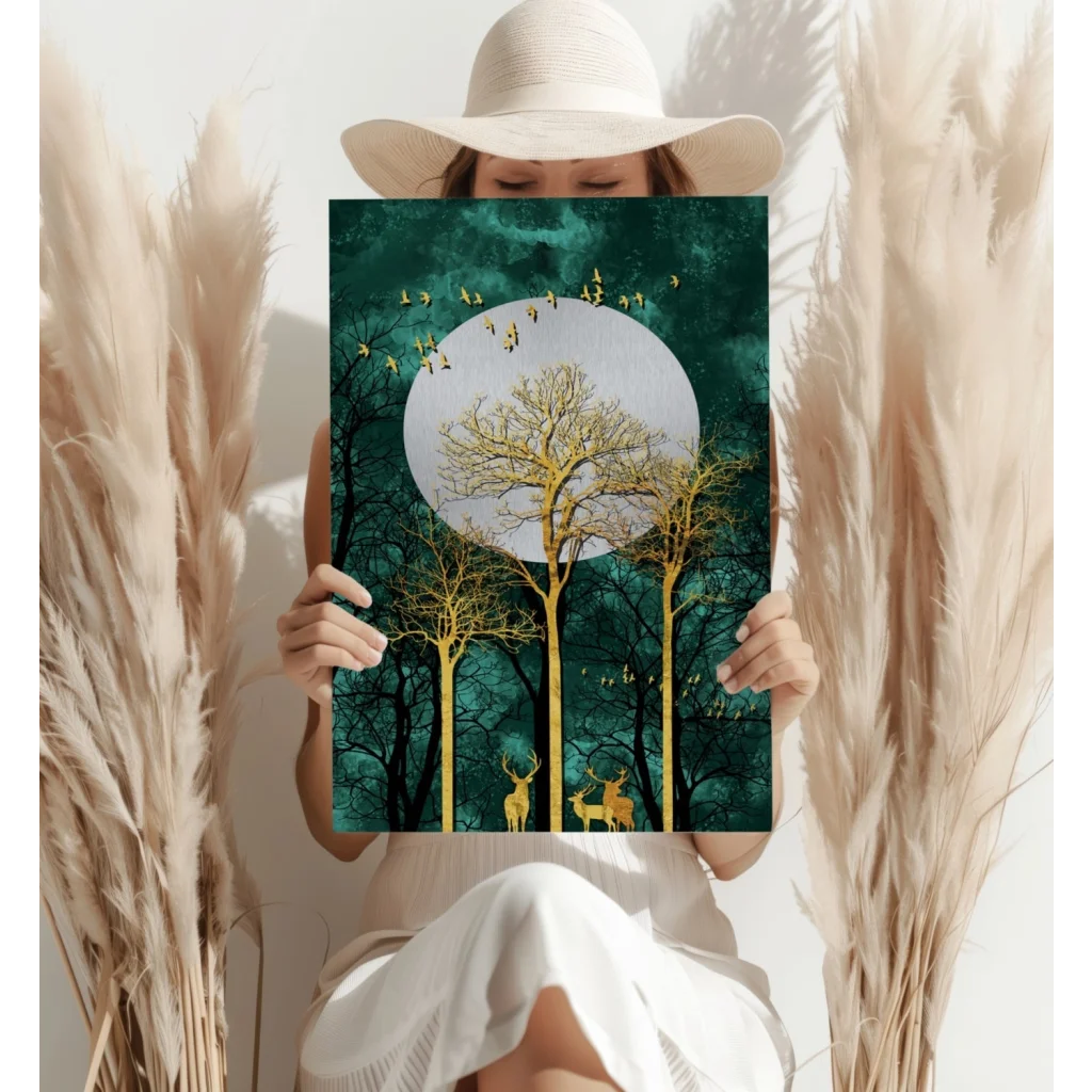 Golden Forest Deer Insigne Aluminum Prints with Teal Moon | Contemporary Home Wall Art | vintageantiquesgifts.com