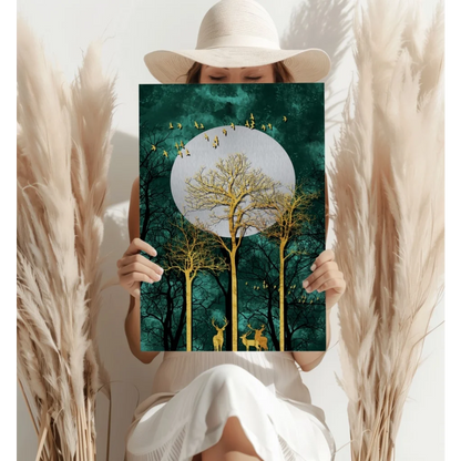 Golden Forest Deer Insigne Aluminum Prints with Teal Moon | Contemporary Home Wall Art | vintageantiquesgifts.com