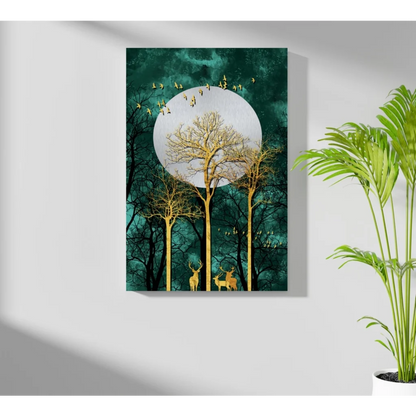 Golden Forest Deer Insigne Aluminum Print with Teal Moon