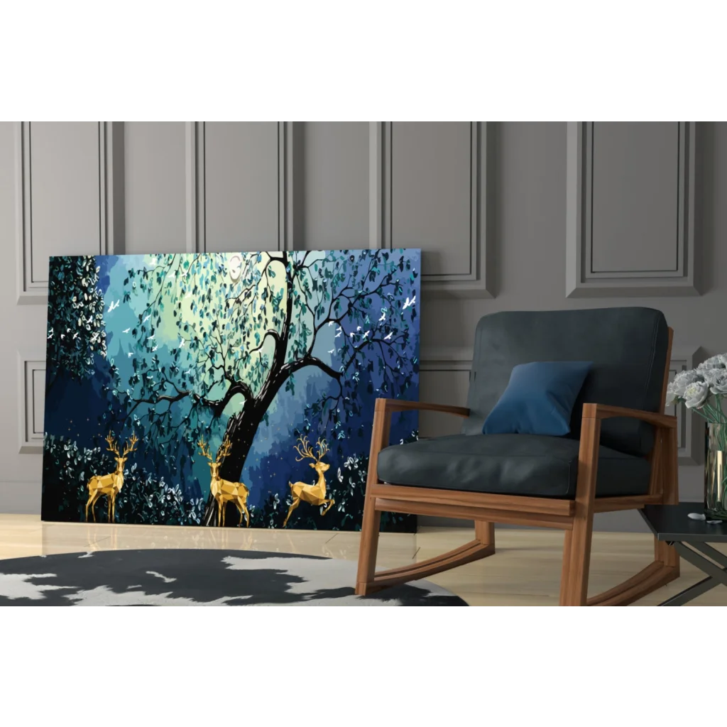 Mystical golden deer forest canvas wall art print with vibrant tree
